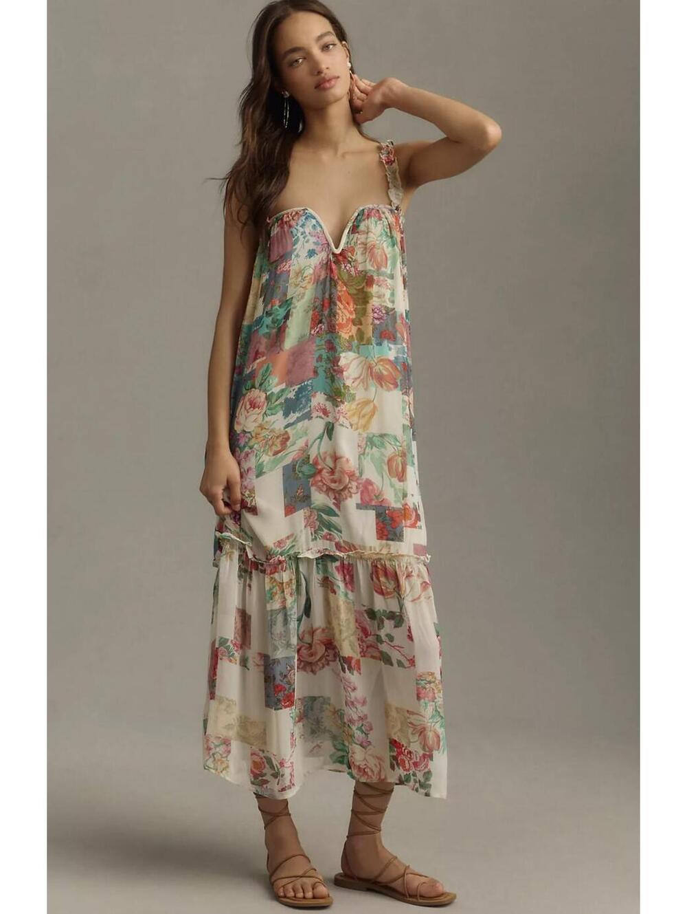 By Anthropologie Floral Patchwork Chiffon Maxi Dress XXSP Boho Ruffle Open Back